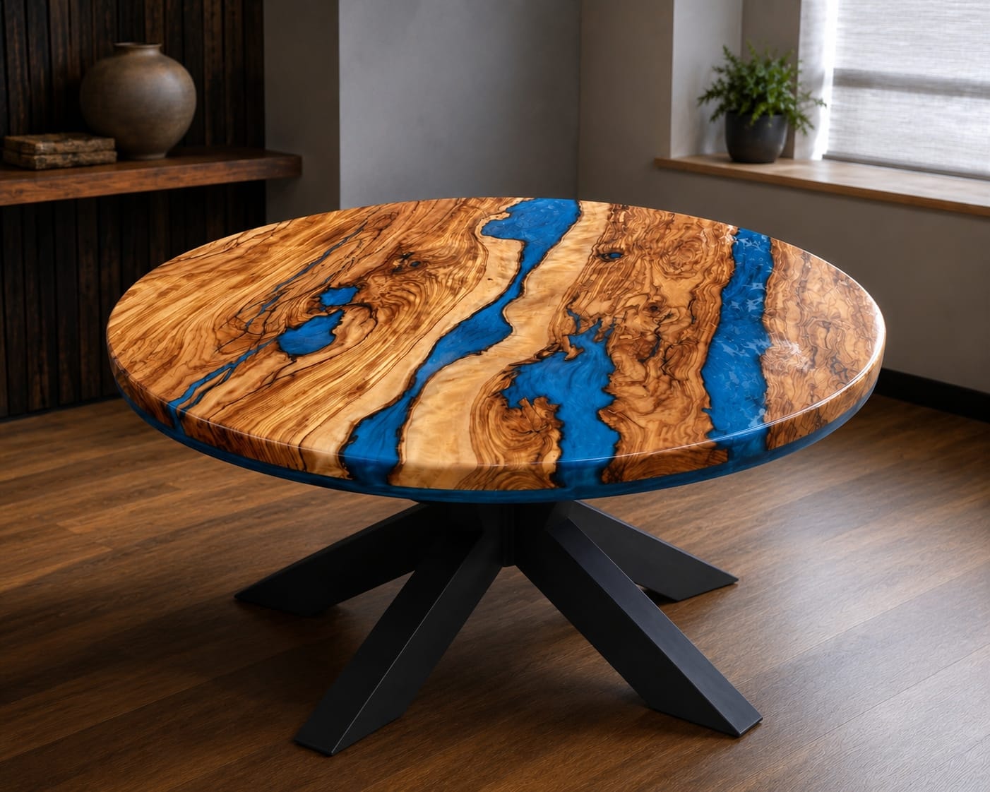 Blue Resin & Natural Wood Nesting Coffee Tables