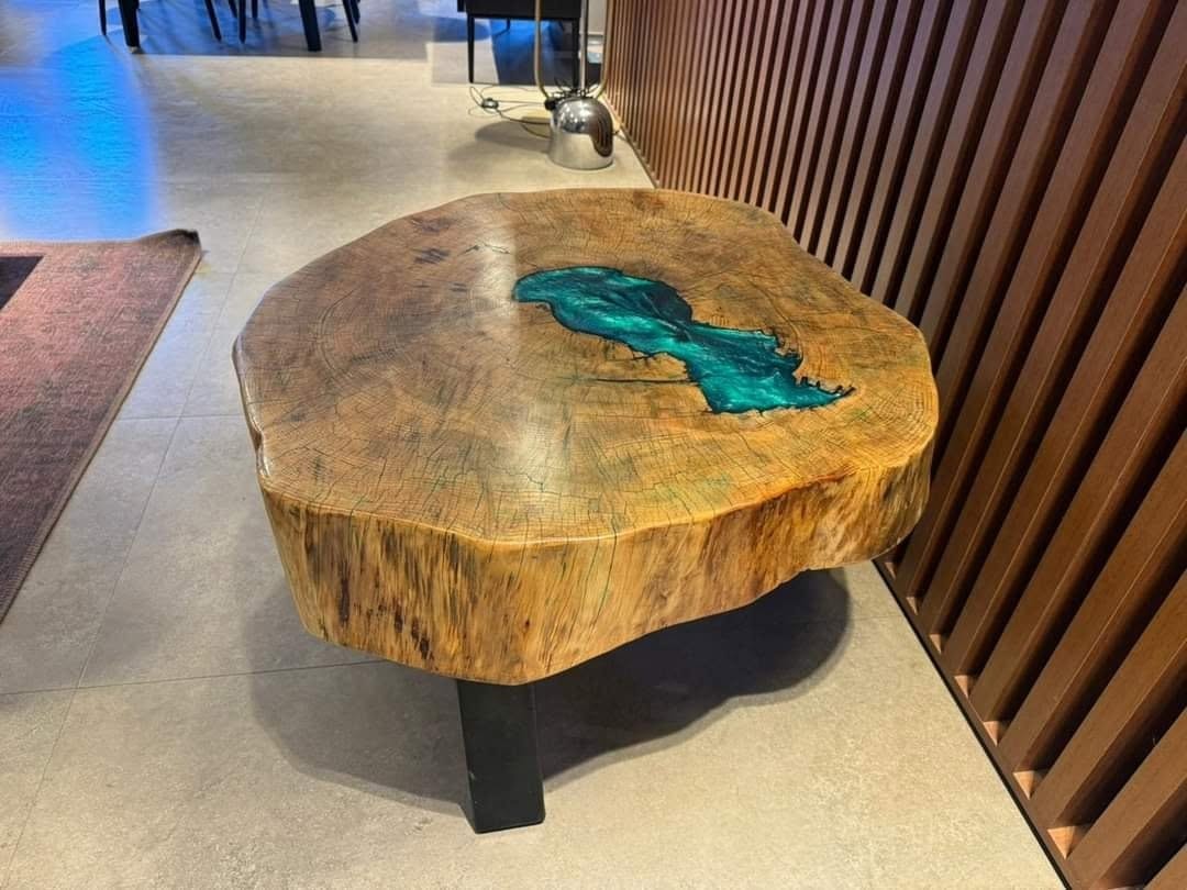 Solid Wood Slab Coffee Table with Emerald Resin Inlay