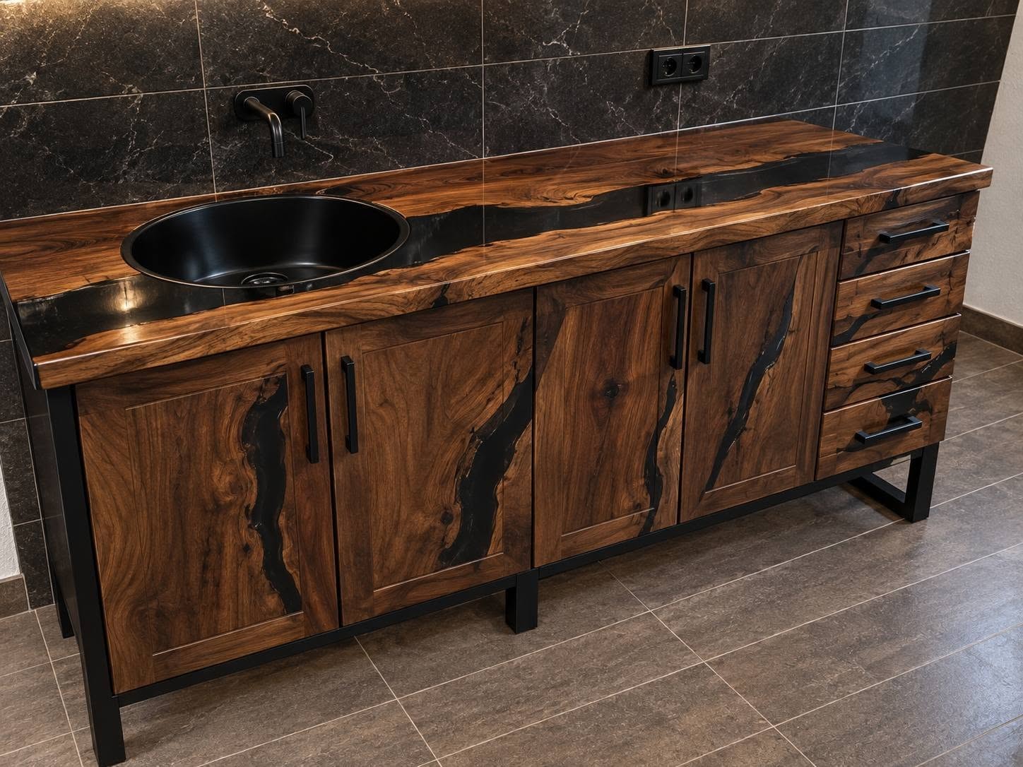 Artisan Live-Edge Wood & Black Epoxy Resin Bathroom Vanity