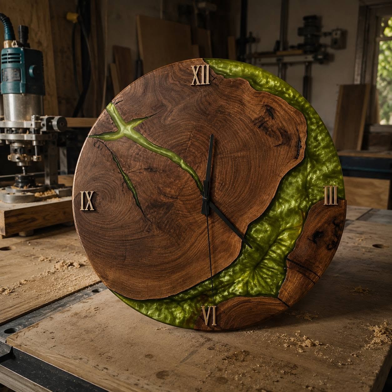 Handcrafted Wood & Green Pearl Resin Wall Clock